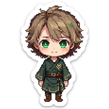 Young Rudeus Greyrat chibi, big green eyes, round face, messy light brown hair, wearing a tunic, cute and curious anime style sticker