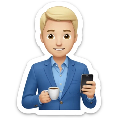 Confident and outgoing male entrepreneur, Caucasian features, blonde hair, big friendly smile, expressive eyes, defined eyebrows, wearing a blue blazer over a light blue shirt, holding a smartphone in one hand and a coffee cup in the other, waist-up, front-facing sticker