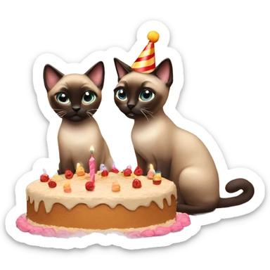 two siamese cats at a birthday party eating cake sticker