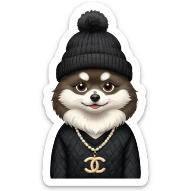 Black and white pomeranian wearing coco chanel Sweater and hat sticker
