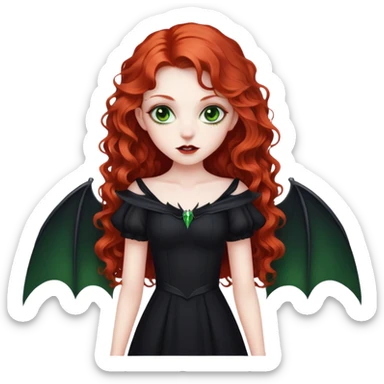 vampire girl with long curly red hair and green eyes, in a black with bat wings sticker