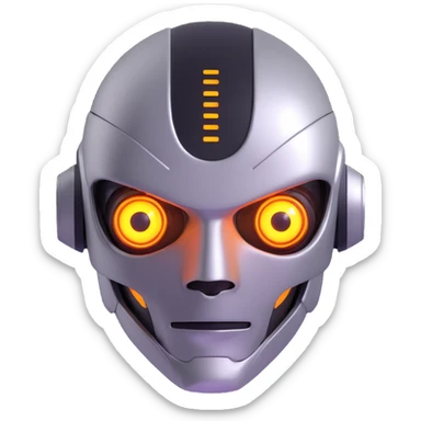 AI-themed emoji, futuristic robot face, glowing eyes, metallic finish sticker