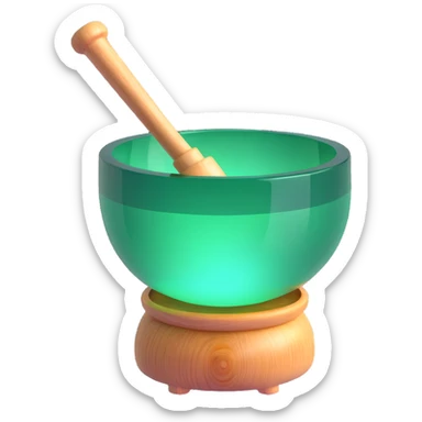 green crystal singing bowl with a wooden mallet inside, glowing effect, simple and modern sticker