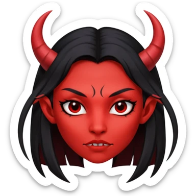 Head only demon girl; face with pronounced cheekbones and angular jaw; skin is uniform pure red (#FF0000) everywhere; long straight smooth black hair; small horns sticker