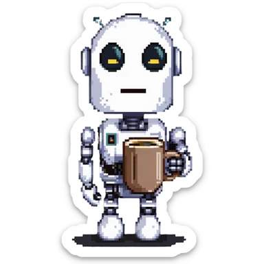 A sleepy robot with droopy eyes holding a coffee mug, looking exhausted sticker