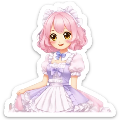 Gorgeous anime style lady blushing face maid outfit Lolita idol model colorful shiny sparkle kawaii pastelcore cottagecore pearly petite simplistic aesthetic trending style sticker