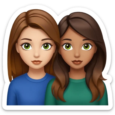 Brunette girl with caramel balayage skin tone tan hazel eyes but more brown, but also green fall lips, long eyelashes and her best friend also brunette with caramel balayage green eyes, but little bit blue also long eyelashes and ￼￼￼￼ not too much tan￼ sticker