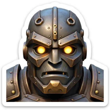 Cinematic Noble Mighty Iron Golem Portrait Emoji Poised and imposing, with a towering, metallic form forged from intricately detailed plates of burnished steel and ancient bronze, etched with faint traces of runes and weathered marks of time. Its piercing, glowing eyes radiate unwavering resolve, casting a solemn and commanding presence; rendered with lifelike texture and natural metallic highlights, high shine, elegant yet indomitable, styled with an aura of legendary endurance, focused and resolute, soft glowing outline, capturing the essence of an eternal guardian, standing vigilant and immovable as if ready to awaken at any moment with unstoppable might! sticker