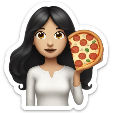 A girl with black hair and white skin yet a pizza in her hands sticker