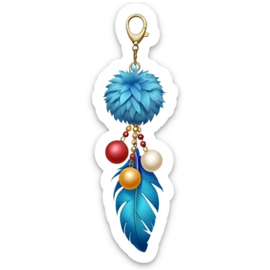 Keychain with big hanging feather and beads and soft fluffy big Pom-pom-balls attached    sticker
