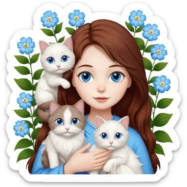 A woman with long dark auburn hair holding three white ragdoll cats in the flowers sticker