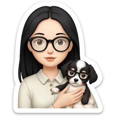 long black hair women around 20-30 with black glasses holding a white body light brown ear puppy sticker