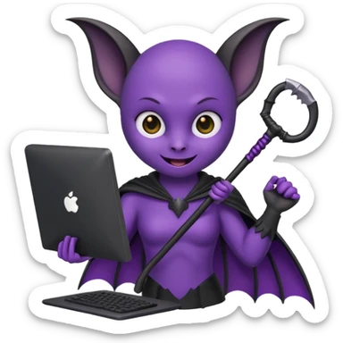 a happy purple bat holding a scythe while sitting in front of her computer sticker