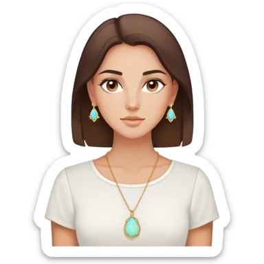 Brunette brown eye little tan white Kendra Scott opal necklace and white shirt sticker