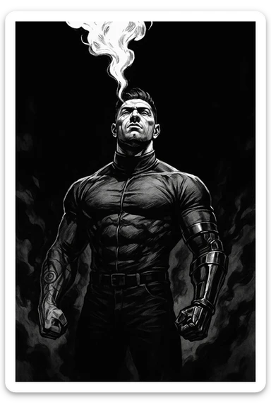 Black and white comic book panel of an extremely muscular Italian man with cybernetic implants standing in the dark, surrounded by smoke. He is wearing a long-sleeved shirt with a high collar, and his chest is sculpted. sticker