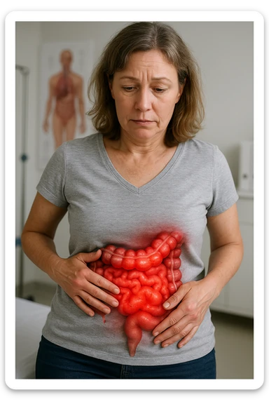 Donna in menopausa con intestino infiammato evidente immagine realistica sticker