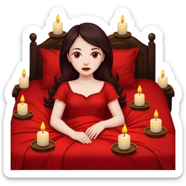Low bed, red sheets, candles everywhere, woman reclining in shadowed control sticker