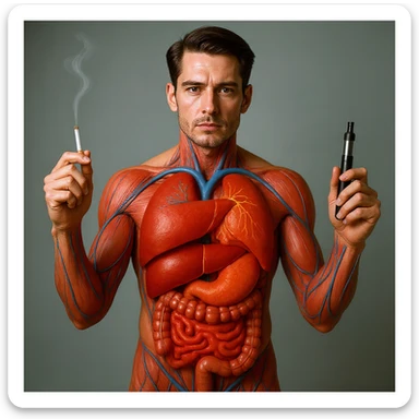 Hyperrealistic 4K vertical 9:16 medical illustration, realistic human anatomical body, inflamed liver and intestines highlighted, man holding a lit cigarette in the right hand and an electronic cigarette in the left, style identical to the reference image. sticker
