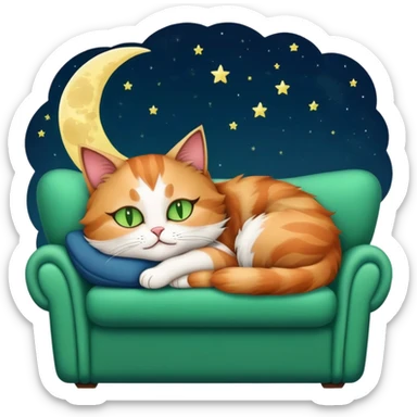 tricolor fluffy cat with big green eyes sleeping on a sofa with a moon above her sticker