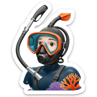 An icon featuring a close-up of a freediving mask and snorkel, with a breath-holding diver's fins, set against a vibrant underwater world. The design includes coral reefs, fish, and bubbles, symbolizing the serene beauty and thrill of freediving. Transparent background highlights the calm sticker