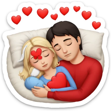 Sleeping couple. two people. man has dark hair. woman is blonde. hearts surrounding them. sticker