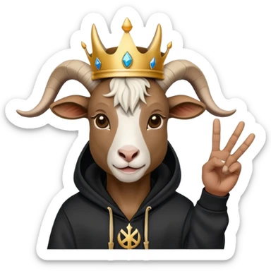 Goat with horns wearing black hoodie and a royal crown peace sign sticker