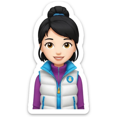 girl with black hair in a white puffer vest with sass sticker