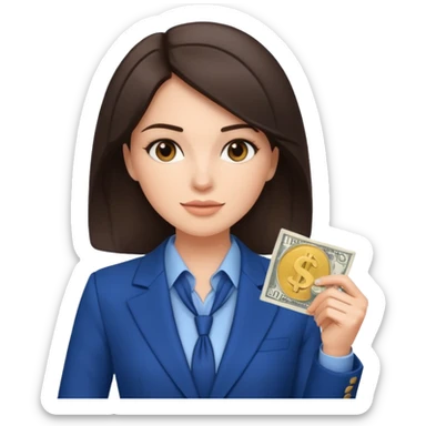 brunet Woman wearing blue suit holding dolar sticker