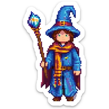 Minecraft-style emoji of a wizard with a scarf, inspired by Harry Potter, blocky and pixelated sticker