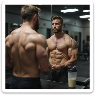 realistic male bodybuilder in definition phase, shirtless in front of mirror, looking at reflection with concern, less full muscles, visible but less pronounced veins, gym with soft lighting, protein shaker on bench, doubtful expression sticker