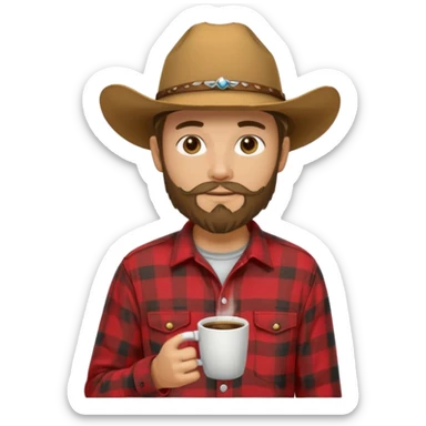 generate an ios genmoji of a 20 year old tan boy with a cowboy hat and french beard. Wearing a flannel and carrying a coffee mug sticker