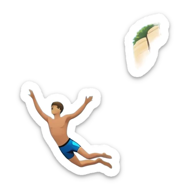 A diver mid-air, diving from a rocky cliff into the sparkling blue ocean below. The background shows a dramatic cliffside and clear sky, capturing the daring and exhilarating nature of cliff diving, with the water below ready to embrace the plunge. sticker