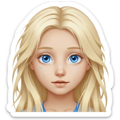 Girl with blue eyes and "white" paint on her face with long blond messy air,  sticker