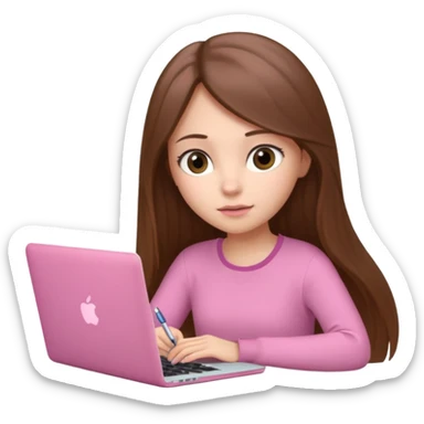 Chica lacia peli larga y peli larga  en una MacBook rosa investigando y haciendo tareas con un libro de apuntes y con cara muy linda como modelo sticker