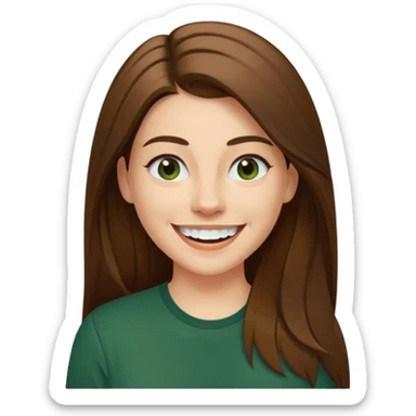 30 yr Caucasian woman long brown straight hair parted on side dark green shirt big smile white teeth sticker