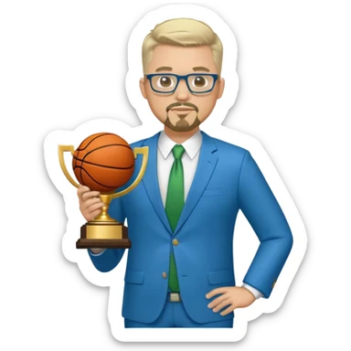 Full Body white male plus size wearing glasses with a goatee with light blonde and gray very short hair basketball head Coach in blue and green suit holding trophy sticker