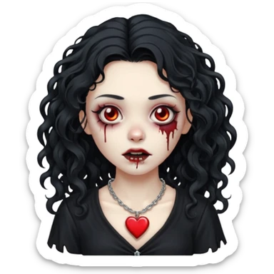 a zombie girl with a scar on her face, long curly hair, wearing a black blouse and a silver necklace with a heart pendant. sticker