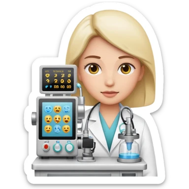 medical professional operating anesthesia machine, white coat, emoji illustration, clean background sticker