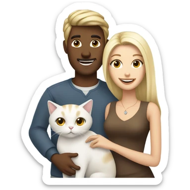 Couple brunette man and blonde woman with white cat sticker