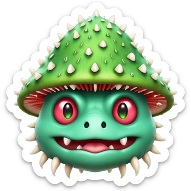 poisonous mushroom monster portrait, head and shoulders only, animal-like creature, mushroom cap head with spikes, toxic green glow, beast-like eyes, furry neck details, monstrous but cute fantasy vibe, 3D cartoon, mobile game icon style, clean background, no text, no watermark

 sticker