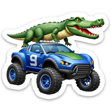 Dirty Joke’s Midnight-blue Local Motors Rally Fighter off road race car being driven by a five foot tall alligator, sitting in the driver’s seat, over a dirt ramp  sticker