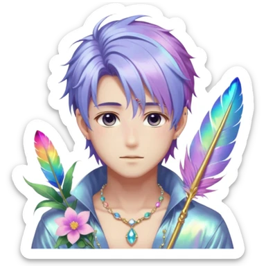Beautiful gorgeous anime guy with beautiful iridescent-special-hair, fashion aesthetic, ethereal, fairycore, pastelcore, feather, flower, gems, accessories, jewelries, gold, colorful sticker