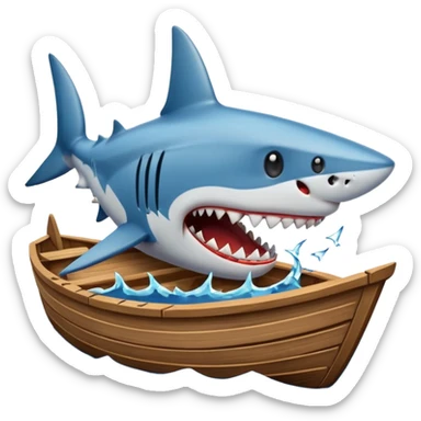 shark chomping on a wooden boat, emoji style sticker