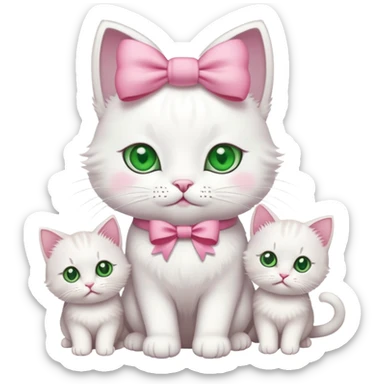 A white cat with a pink bow an green eyes with 4 kittens sticker