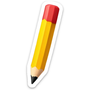 Create an emoji of a pencil with a soft red eraser, yellow body, and sharp black tip, featuring a slight 3D effect and transparent background. sticker