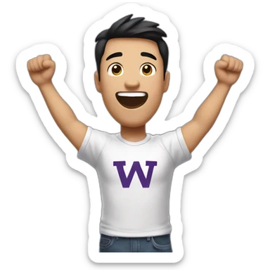 torso of excited man (more Asian)  with arms raised wearing UW Husky t-shirt above head sticker