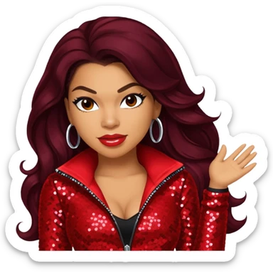 Jordin Sparks with long dark brown hair, red sequin outfit sticker