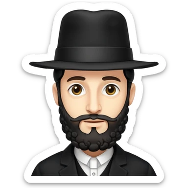 Abstract stylized Hasidic Jewish man emoji with traditional wide black hat, simplified payot curls, short beard, traditional black coat, very generic face sticker