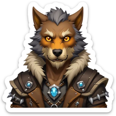 Cinematic Realistic WoW Worgen Portrait, head tilted epicly and inquisitively, showcasing the striking fusion of human intellect and beastly ferocity. His rugged fur and tanned skin, accented by piercing amber eyes and meticulously rendered worn leather garments, are bathed in dynamic lighting, high shine, epic and awe-inspiring, capturing the relentless spirit of a worgen at the apex of his power. sticker
