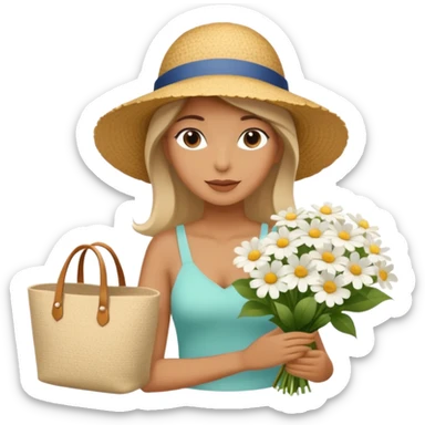 summer beautiful wicker hat next to it lies a beach beige bag and a bouquet of white flowers sticker